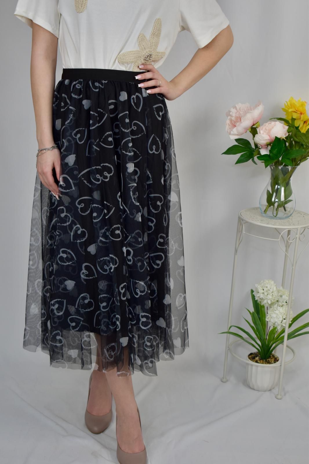 Fustă midi din tull cu volane și talie elastică - current